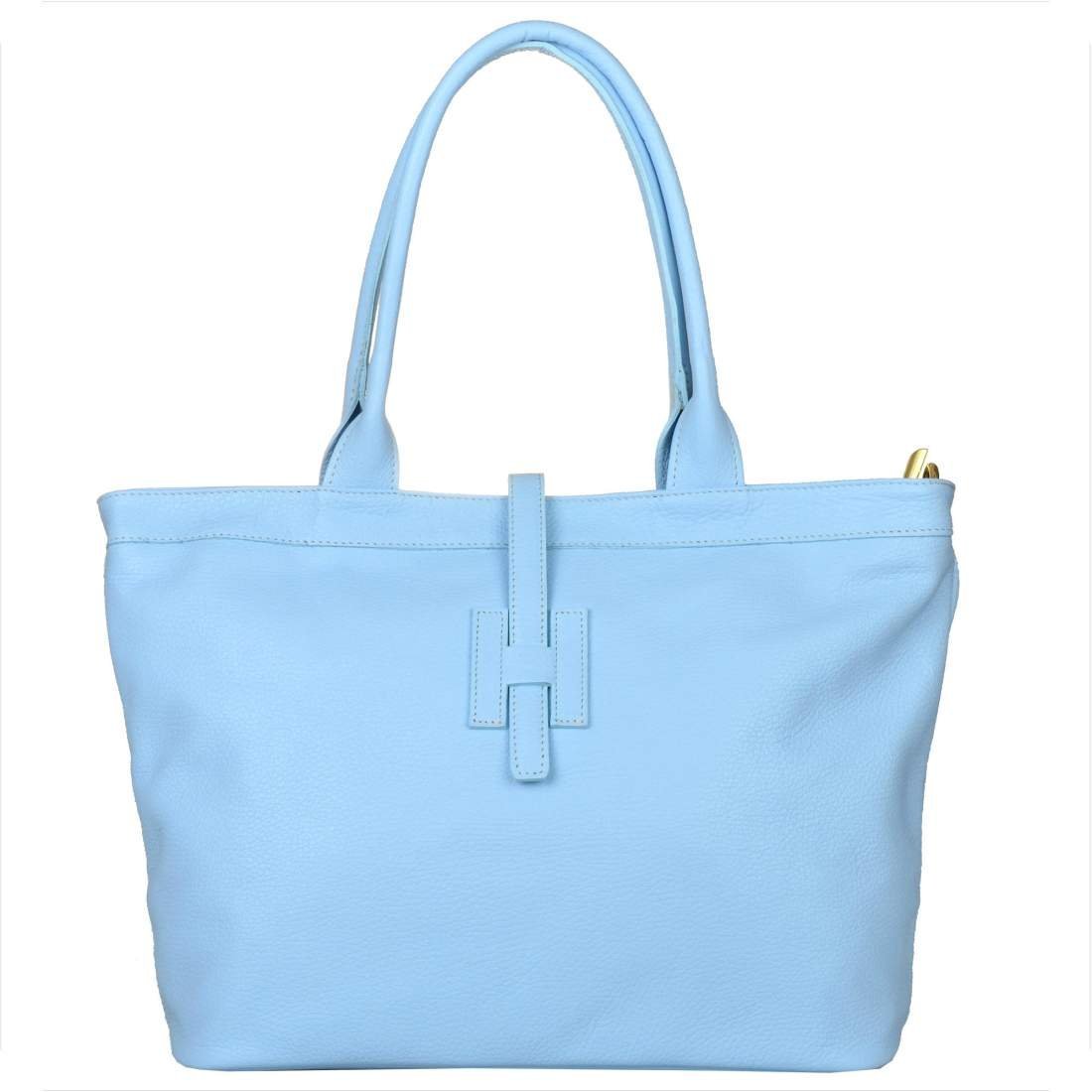 Torba shopper niebieska skóra naturalna baby blue XL złote okucia