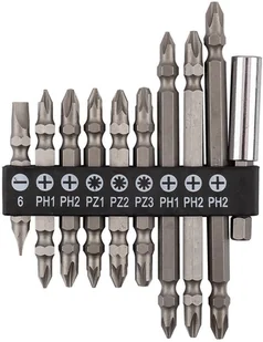 Zestaw bitów dwustronnych SL6, PH1x2, PH2x3, PZ1/2/3, z uchwytem magnetycznym 60 mm, 10 szt. - Bity - miniaturka - grafika 1