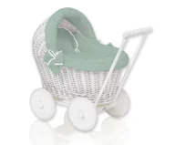 Wózki dla lalek - Wiklinowy wózek dla lalek pchacz biały z szałwiową pościelką i miękką wyściółką STELLA - miniaturka - grafika 1
