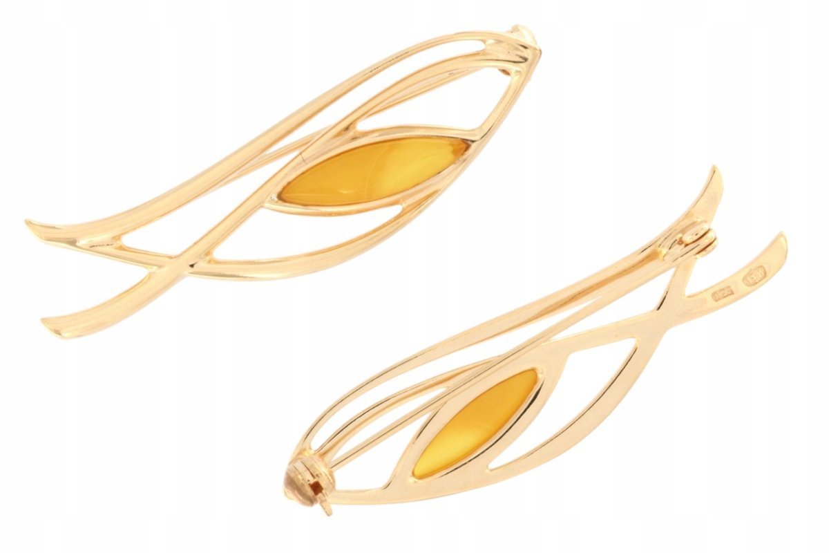 Nowoczesna srebrna broszka z żółto-miodowym bursztynem pozłacana 24K