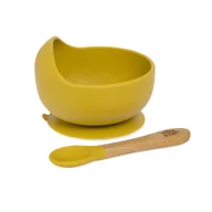 Miseczki i talerzyki dla dzieci - Miska z przyssawką + łyżka antyalergiczna żółta do nauki jedzenia - miniaturka - grafika 1
