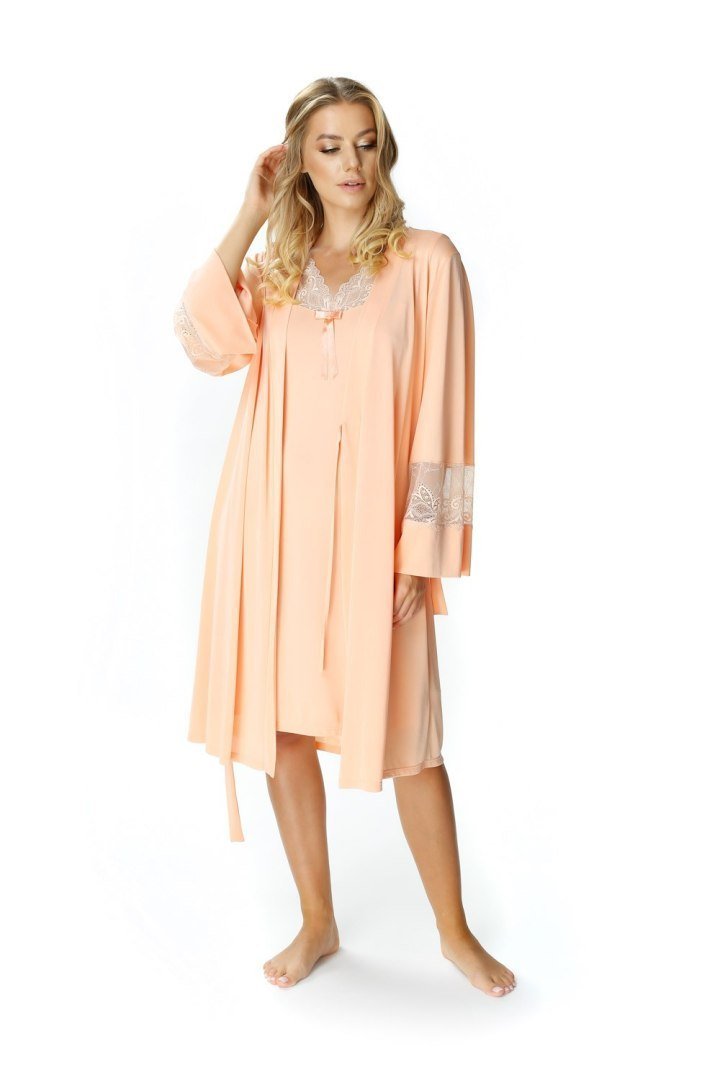 Piękny peniuar damski Paula wiązany długi rękaw : Kolor - Morelowy, Rozmiar - 44