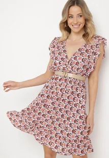 Beżowo-Czerwona Sukienka Mini z Wiskozy w Mozaikowy Wzór z Gumką w Pasie Lariaa - Sukienki - miniaturka - grafika 1