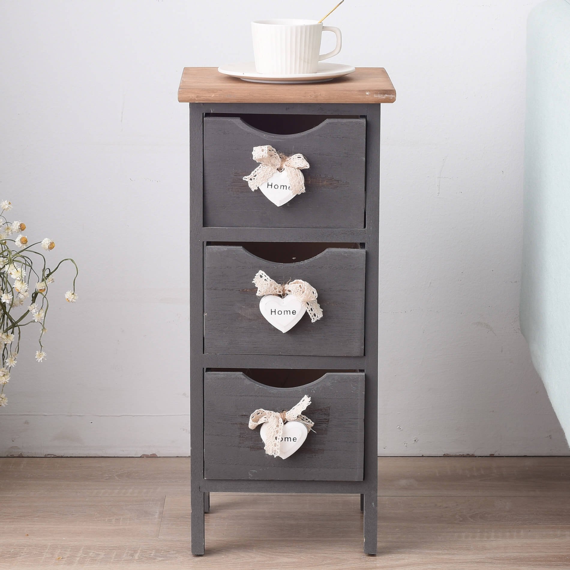 Wąska szafka nocna Rebecca Mobili z 3 szufladami z drewna w kolorze szarym i brązowym