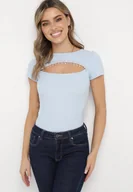 Bluzki damskie - Jasnoniebieska Prążkowana Bluzka Bawełniana z Wycięciem Ozdobionym Cyrkoniami Eliwina - miniaturka - grafika 1