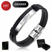 Bransolety męskie - Skórzana Bransoletka Męska Czarna Tytanowa Grawer - miniaturka - grafika 1