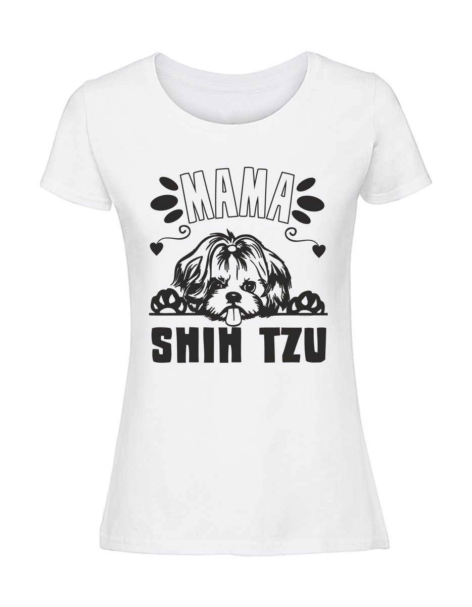 Damska koszulka z nadrukiem - Mama shih tzu biały S