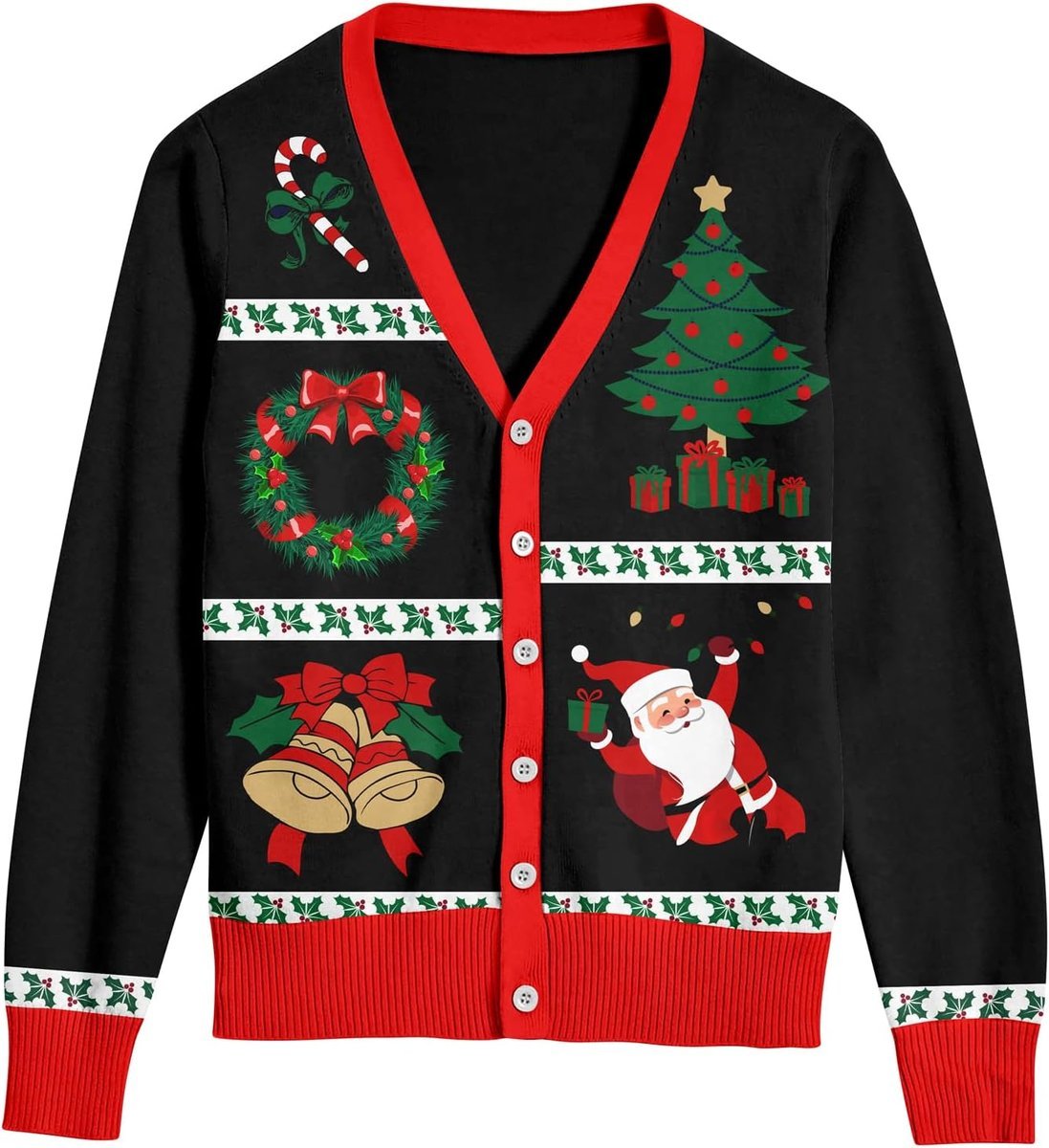 Męski Sweter Kardigan Świąteczny Dzianinowy V-Neck Ciepły Wygodne Czarny M