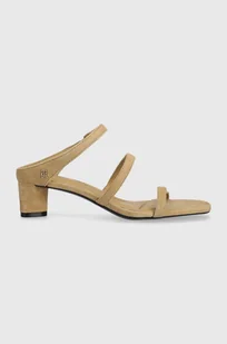 Tommy Hilfiger klapki zamszowe TH STRAP SUEDE MID HEEL damskie kolor beżowy na słupku FW0FW08043 - Klapki i japonki damskie - miniaturka - grafika 1