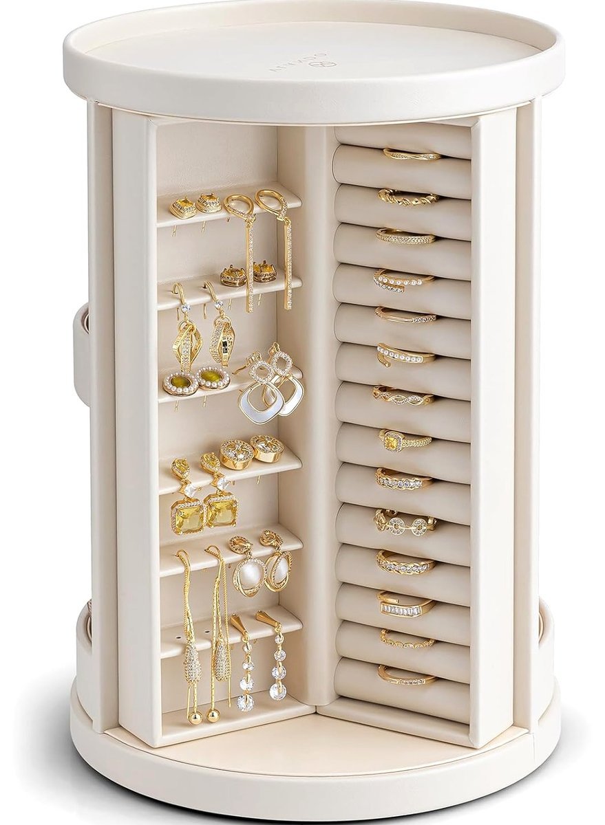 SZKATUŁKA OBROTOWA 17X17X27CM BEŻOWA SZKRYNIE BIŻUTERIA ORGANIZER KOLCZYKI