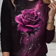 Bluzki damskie - TEMU DP101005 Elegancka Damska Koszulka z Długim Rękawem w Kolorowe Fioletowe Róże i Kosmicznym Wzorze Kwiatowym, Okrągły Dekolt, Pranie Maszynowe, - miniaturka - grafika 1