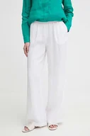 Spodnie damskie - Sisley spodnie lniane kolor biały szerokie high waist - miniaturka - grafika 1