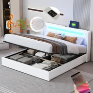Łóżka - Łóżko tapicerowane Merax 160x200cm z podstawą łóżka i LED, hydrauliczne łóżko podwójne z Bluetooth i ładowaniem USB, imitacja skóry , drewniane łóżko do przechowywania, białe - miniaturka - grafika 1