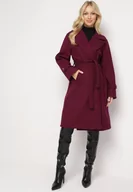 Płaszcze damskie - Ciemnofioletowy Płaszcz Niezapinany Wiązany Materiałowym Paskiem w Talii z Kieszeniami i Kołnierzem Neeraja - miniaturka - grafika 1