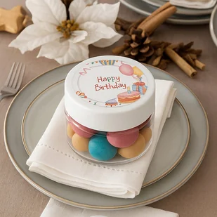 Mini słoiczek z drażetkami - Happy Birthday - 5 szt. na urodziny - Gumy do żucia, lizaki, dropsy - miniaturka - grafika 1