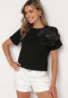 Bluzki damskie - Czarna Bawełniana Bluzka z Kwiatową Aplikacją i Cyrkoniami Quavia - miniaturka - grafika 1