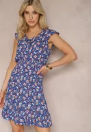 Sukienki - Granatowa Sukienka w Kwiatowy Wzór z Gumką w Talii i Wiązaniem przy Dekolcie Tovilla - miniaturka - grafika 1
