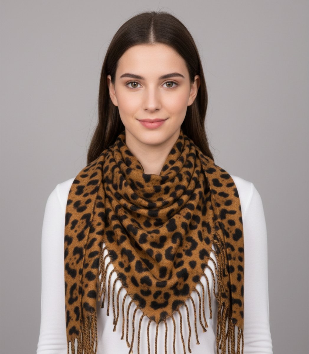 Ciepła chusta szal szalik w panterkę z frędzlami