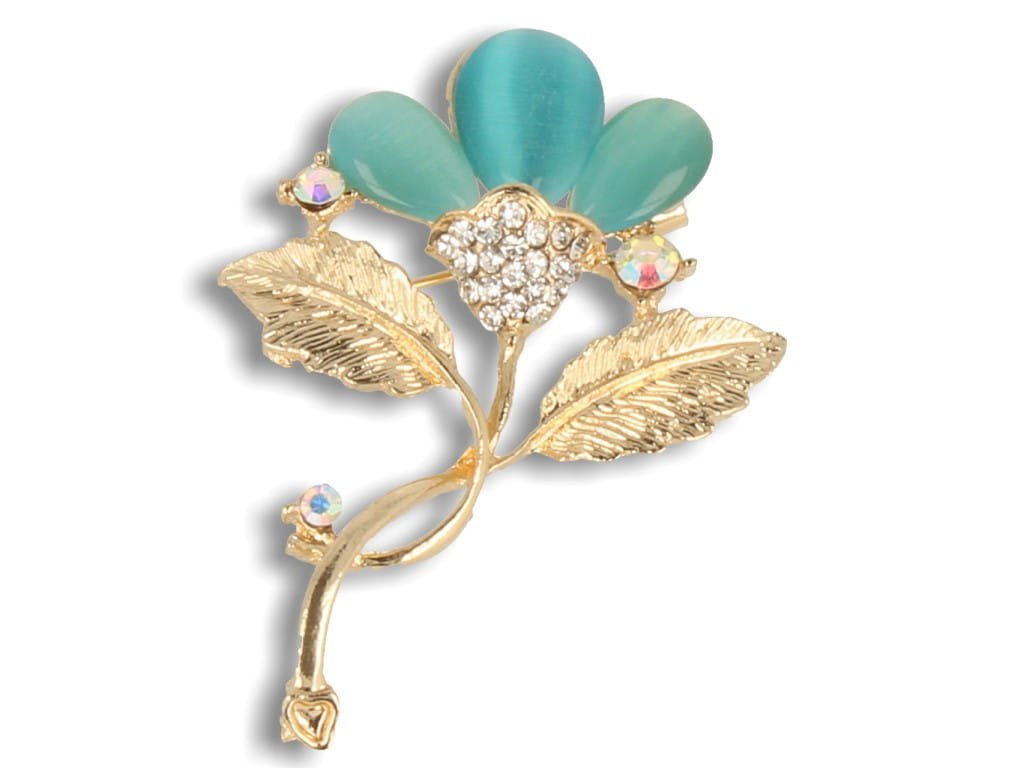 Broszka agrafka złote zawijasy z niebieskimi kamieniami