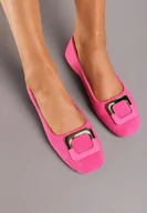 Baleriny - Fuksjowe Casualowe Balerinki na Płaskiej Podeszwie z Metaliczną Aplikacją Chrissti - miniaturka - grafika 1