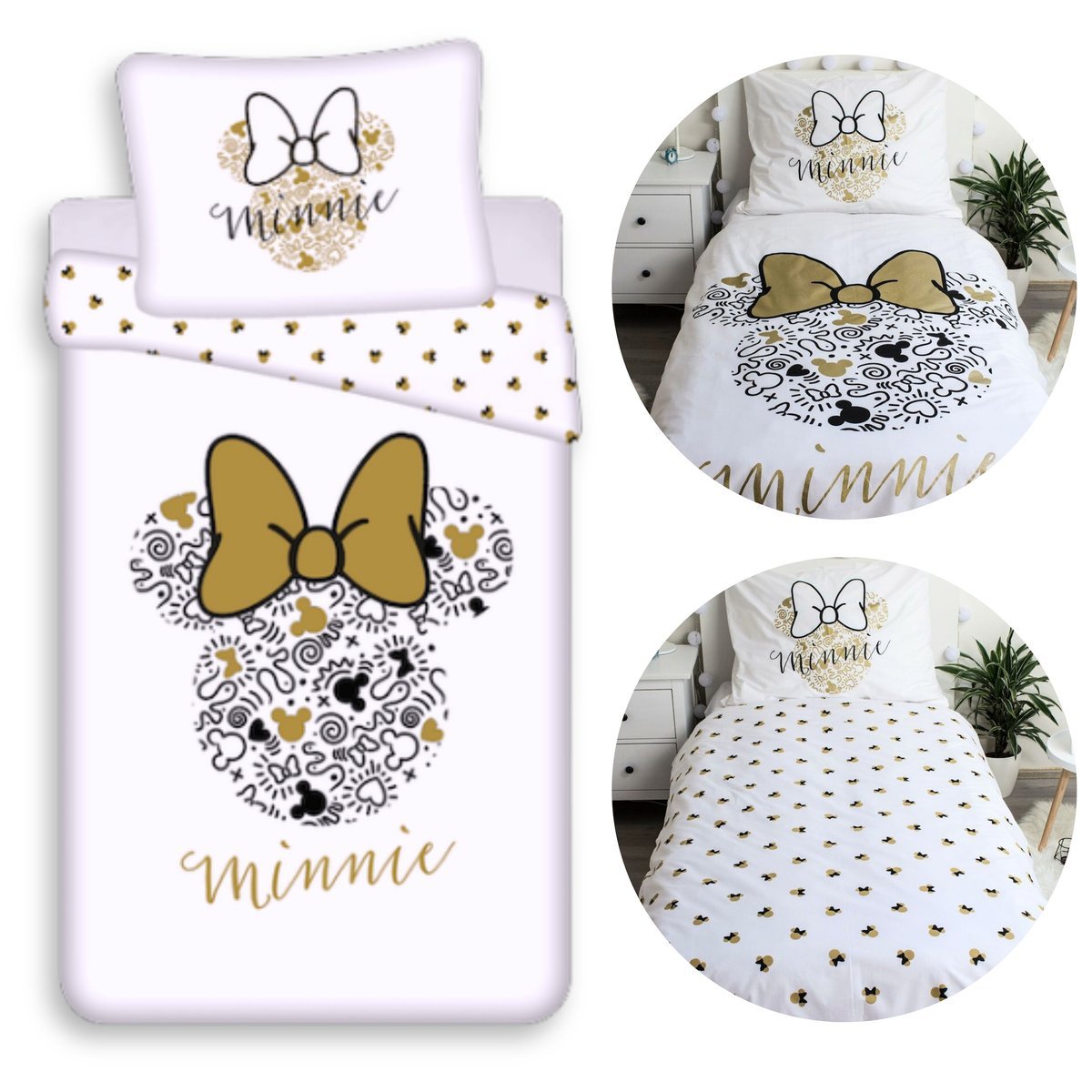 DISNEY Myszka Minnie Biała DWUSTRONNA, bawełniana pościel dziecięca na zamek, 100% BAWEŁNA 140x200cm+70x90cm OEKO-TEX