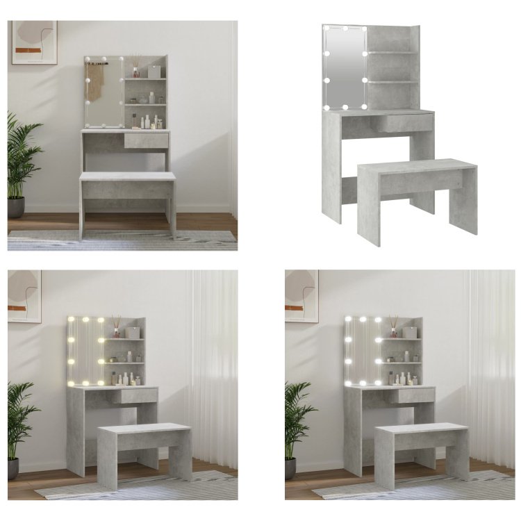 vidaXL Zestaw toaletek z LED z szarego drewna - Zestaw toaletek z LED - Zestawy toaletek z LED - Zestaw toaletek - Toaletka z lustrem