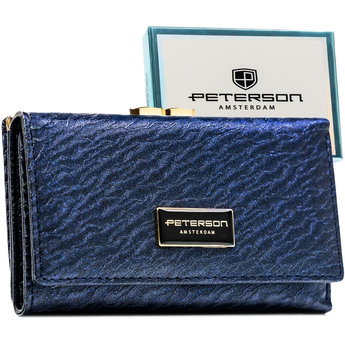 Portfel damski na karty granatowy PETERSON portmonetka na zatrzask i bigiel elegancki modny rfid stop