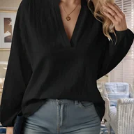 Koszule damskie - TEMU 1 szt. Elegancka koszula damska z długim rękawem i dekoltem w szpic - jednokolorowa bluzka z tkaniny poliestrowej, uniwersalna na każdą porę - miniaturka - grafika 1