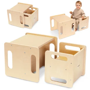 Drewniany stolik i krzesełko z funkcją podestu – multifunkcyjny zestaw Montessori dla dzieci - Zestawy mebli dla dzieci - miniaturka - grafika 1