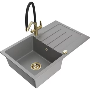 Mexen Bruno zlewozmywak granitowy 1-komorowy z ociekaczem i baterią kuchenną Duo, szary - Zlewozmywaki z baterią - miniaturka - grafika 1