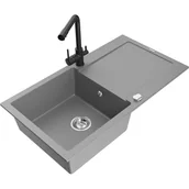 Zlewozmywaki z baterią - Mexen Leo zlewozmywak granitowy 1-komorowy z ociekaczem i baterią kuchenną Duero, szary - miniaturka - grafika 1