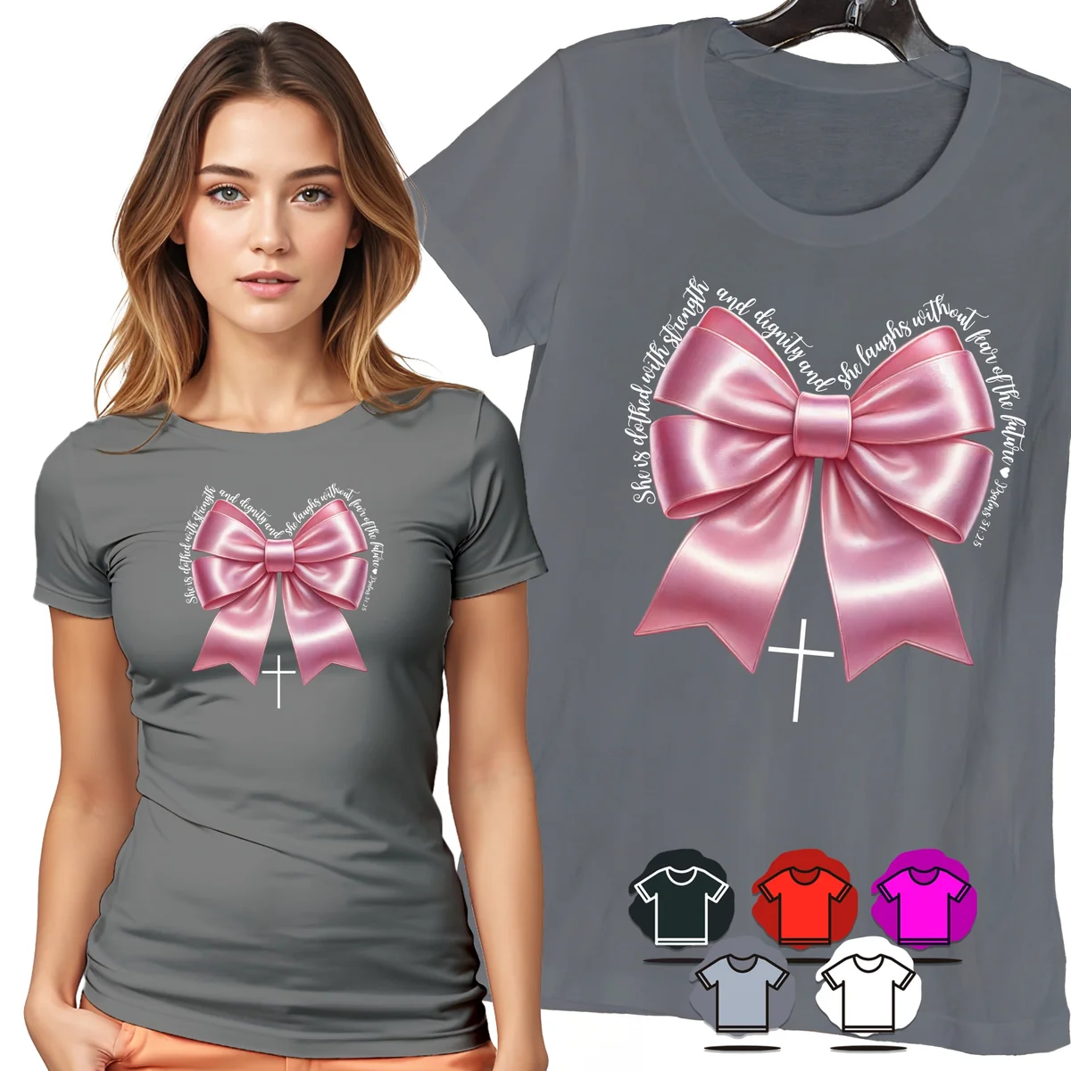 KOSZULKA DAMSKA T-SHIRT - RÓŻOWA SATYNOWA KOKARDKA ELEGANCKI PREZENT - XXL