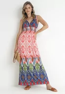 Sukienki - Czerwono-Granatowa Sukienka z Szeroką Gumką w Talii w Etno Wzór Caroli - miniaturka - grafika 1