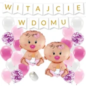 Balony i akcesoria - ZESTAW WITAJCIE W DOMU - BANER i balony na POWITANIE dziewczynek bliźniaczek - miniaturka - grafika 1