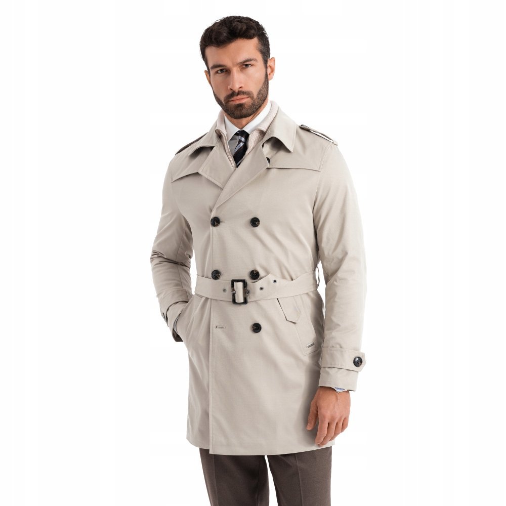 Elegancki męski płaszcz beżowy trencz klasyczny Ombre OM-COSC-0126 V1 r XL