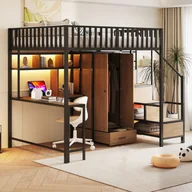 Łóżka dla dzieci i młodzieży - Metalowe łóżko piętrowe 140 x 200 cm z narożnym biurkiem, półkami, szafą i szufladą - gniazdka i diody LED - czarne (materac nie jest wliczony w cenę) - miniaturka - grafika 1