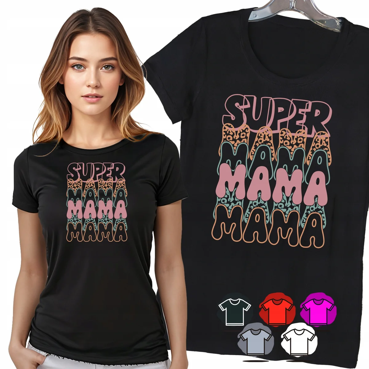 KOSZULKA DAMSKA T-SHIRT - SUPER MAMA PASTELOWY PANTERKOWY WZÓR DAMSKI - 3XL