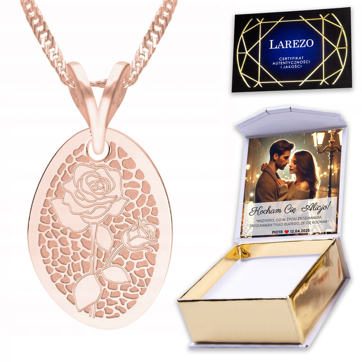 Naszyjnik Pozłacany 925 z Różą Kwiatem Rose Kwiat Kwiatek Tulipan + NADRUK