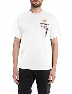 Replay Męski T-shirt z krótkim rękawem, okrągły dekolt z nadrukiem z tyłu, biały (Natural White 011), XL, Natural White 011, XL - Koszulki męskie - miniaturka - grafika 1