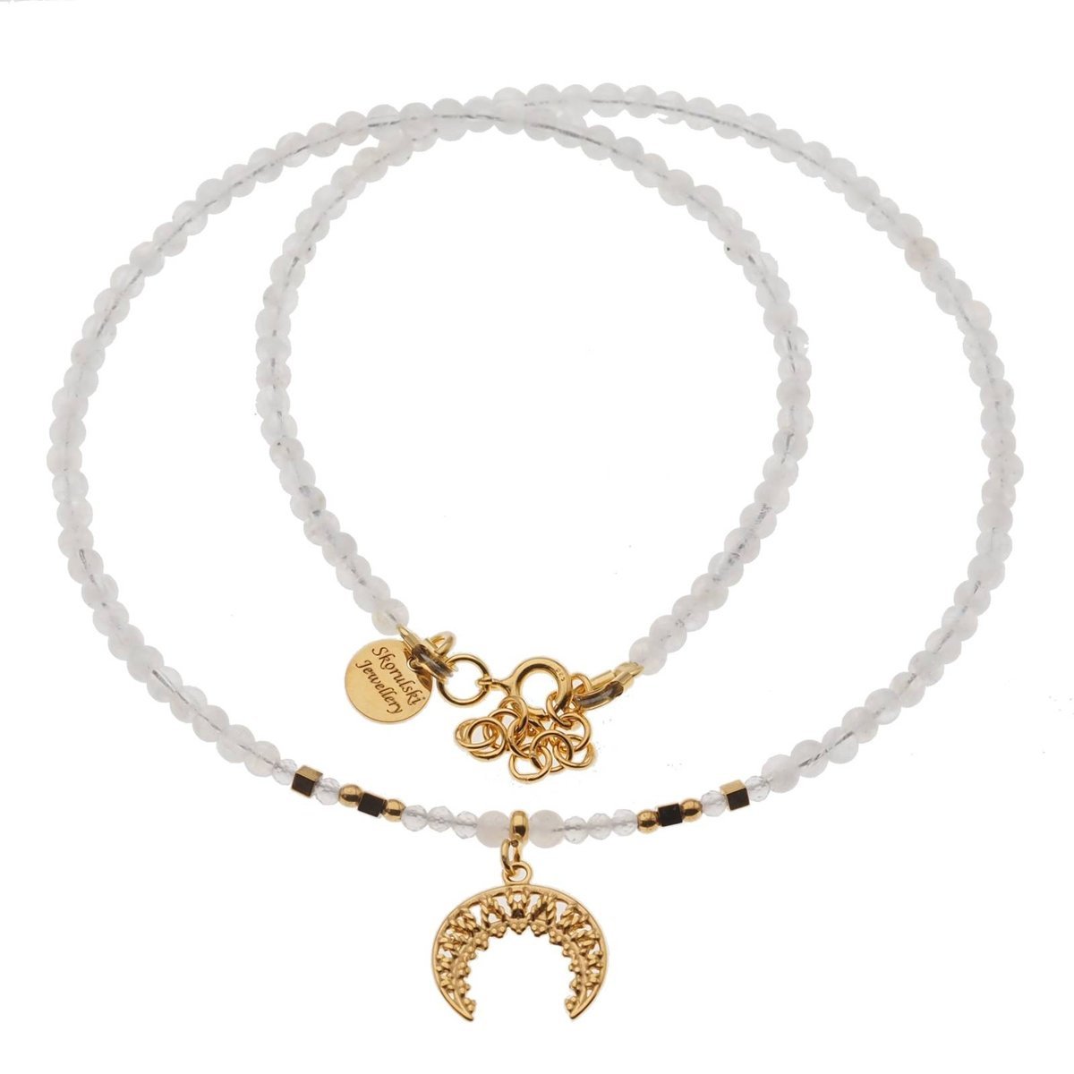 Skorulski Jewellery, Naszyjnik, Kamień Księżycowy, Kryształ Górski, Hematyt, róg obfitości i srebro złocone