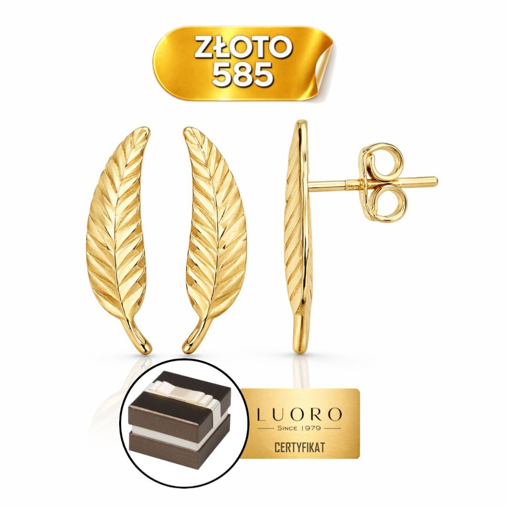 KOLCZYKI ZŁOTE 585 14K DIAMENTOWANE LISTKI 1,2 CM SZTYFT ELEGANCKIE