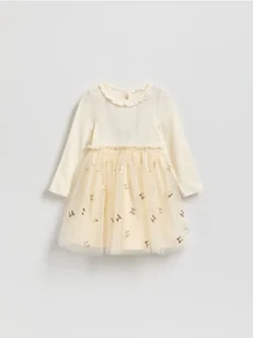 Reserved - Bawełniana sukienka z tiulowym dołem - kremowy - Sukienki i spódniczki dla dziewczynek - miniaturka - grafika 1