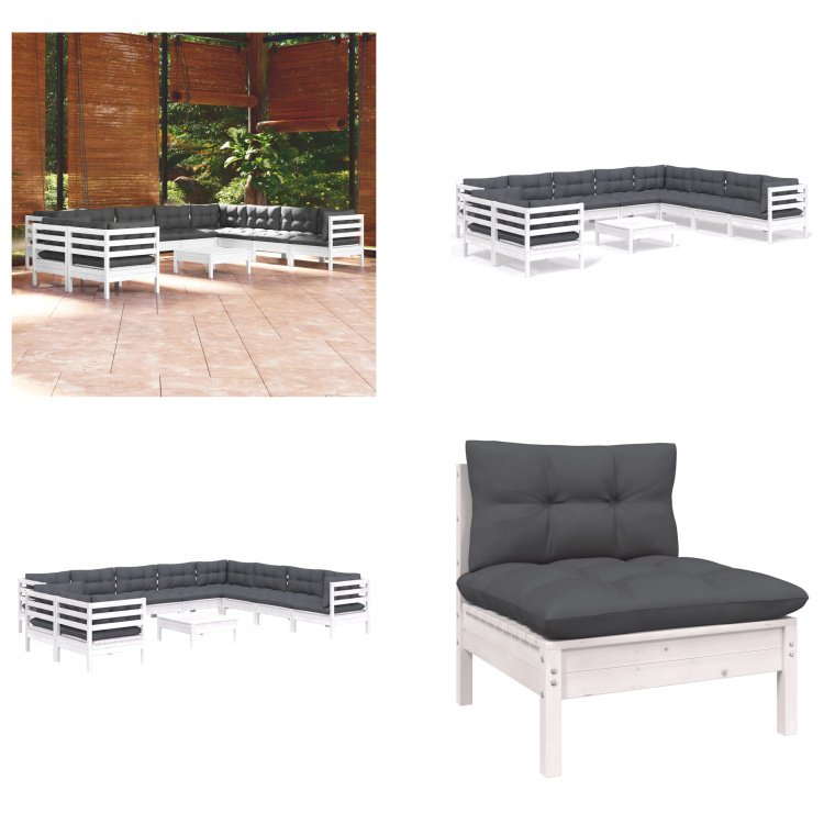 vidaXL 11-częściowy zestaw wypoczynkowy do ogrodu z poduszkami biała lita sosna - Zestaw wypoczynkowy do ogrodu - Zestawy wypoczynkowe do ogrodu - Zestawy mebli ogrodowych - Zestawy mebli ogrodowych