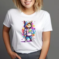 Koszulki i topy damskie - T-Shirt Koszulka biała z nadrukiem kot kotek graffiti art kolorowy rozmiar L - miniaturka - grafika 1