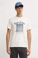 Koszulki męskie - Pepe Jeans t-shirt bawełniany AGGO męski kolor beżowy z nadrukiem PM509638 - miniaturka - grafika 1