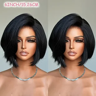 TEMU Elegancki Cut 6-calowy Peruka Bob dla Kobiet - 13x4 HD Przezroczysta Koronka Przód, 150% Gęstość Brazylijski Włosy Ludzkie, Naturalny 1B - - Pozostałe akcesoria fryzjerskie - miniaturka - grafika 1