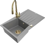 Zlewozmywaki z baterią - Mexen Cesar zlewozmywak granitowy 1-komorowy z ociekaczem i baterią kuchenną Savita, szary - 6514-71-672601-50 - miniaturka - grafika 1