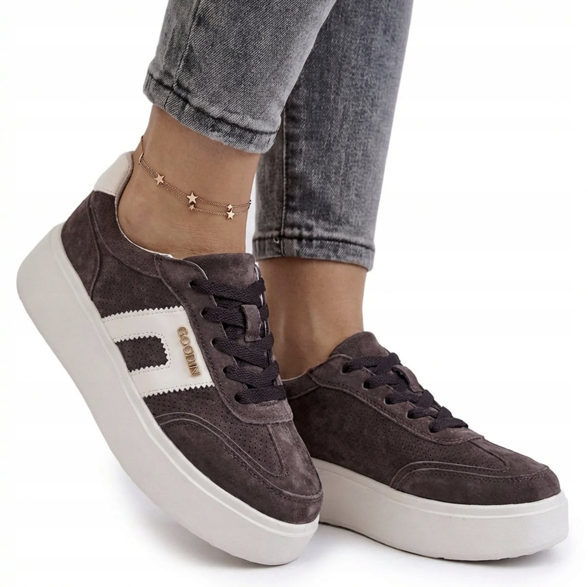 CZEKOLADOWE SKÓRZANE SNEAKERSY BUTY DAMSKIE PÓŁBUTY GOODIN BRĄZOWE 40