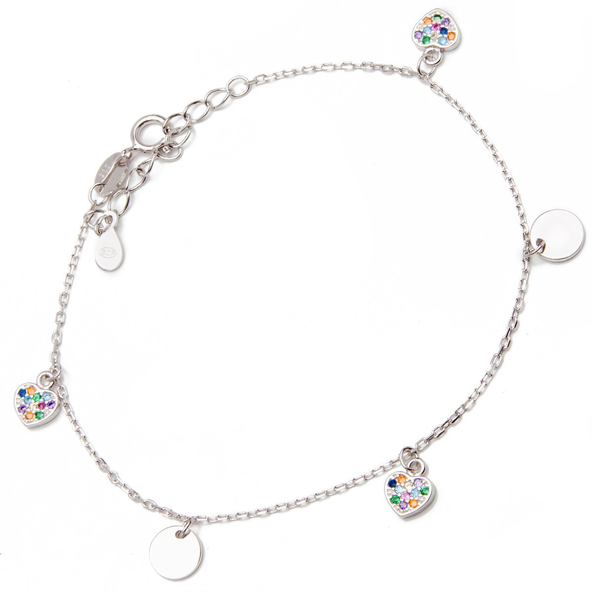 Srebrna Bransoleta kolorowe serduszka z kołami