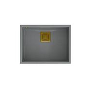 Zlewozmywaki - QUADRON Zlewozmywak granitowy jednokomorowy podwieszany 55 42 22,5 cm DAVID 50 szary metalik ze złotym odpływem - miniaturka - grafika 1